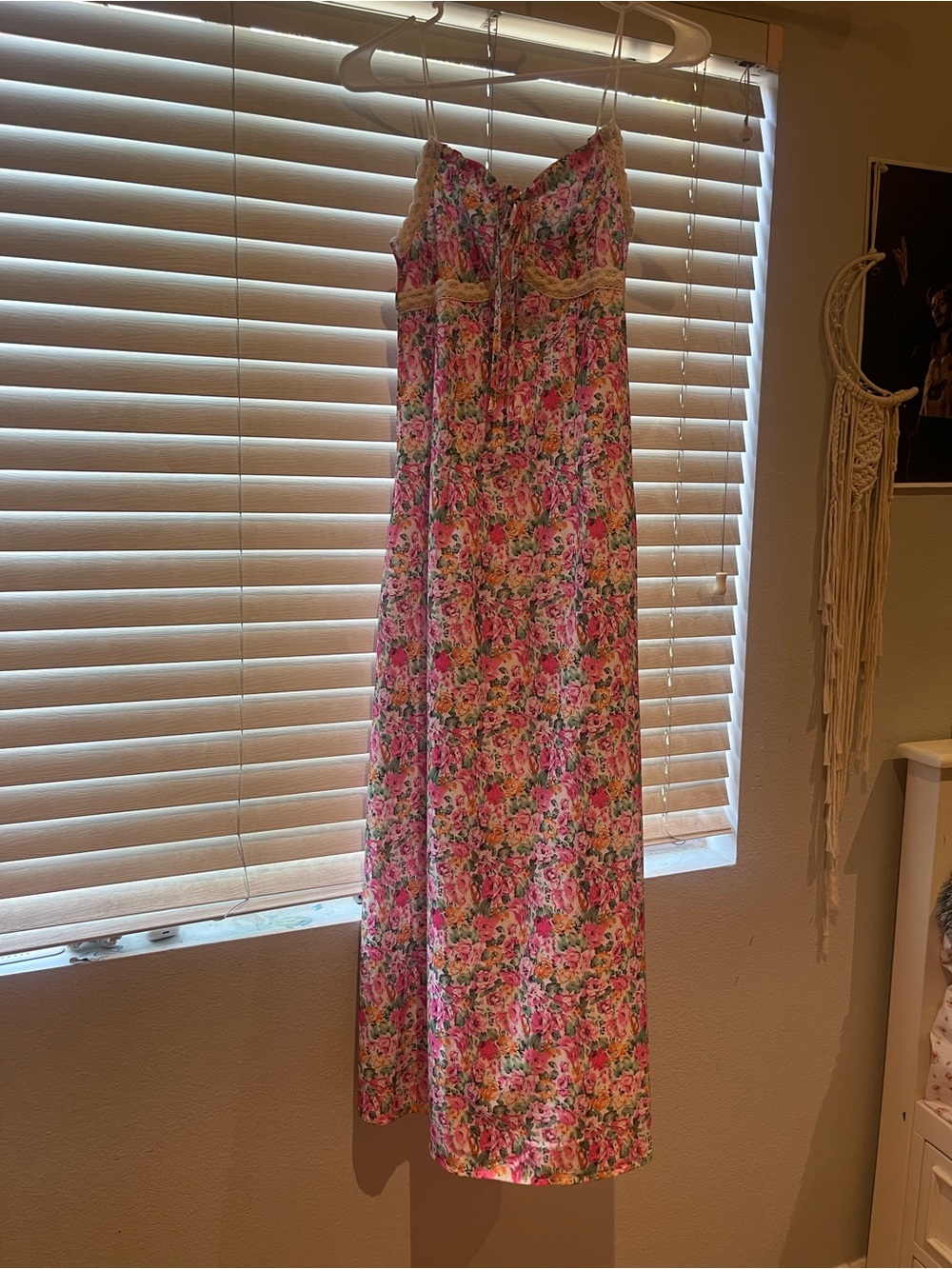 SHEIN Pink Floral Spaghetti Strap Maxi Dress with Green Accents